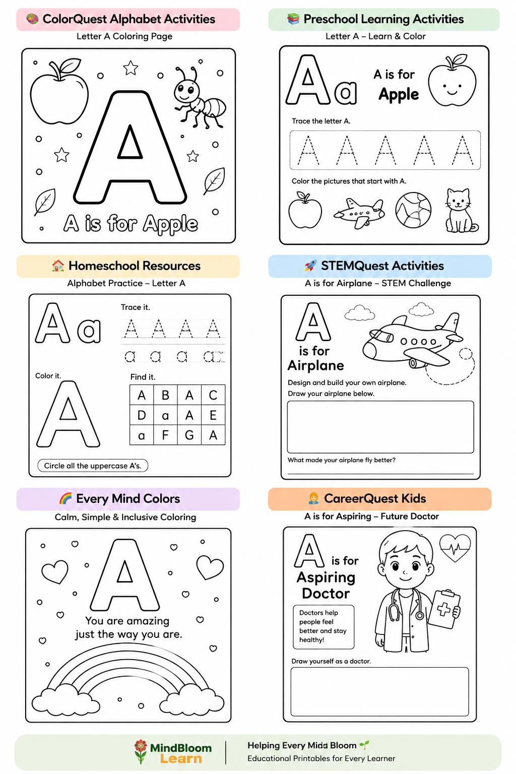 Letter A learning worksheet preview