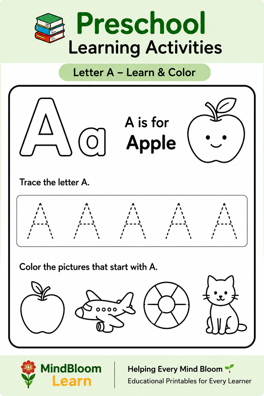 Preschool Learning Letter A worksheet preview