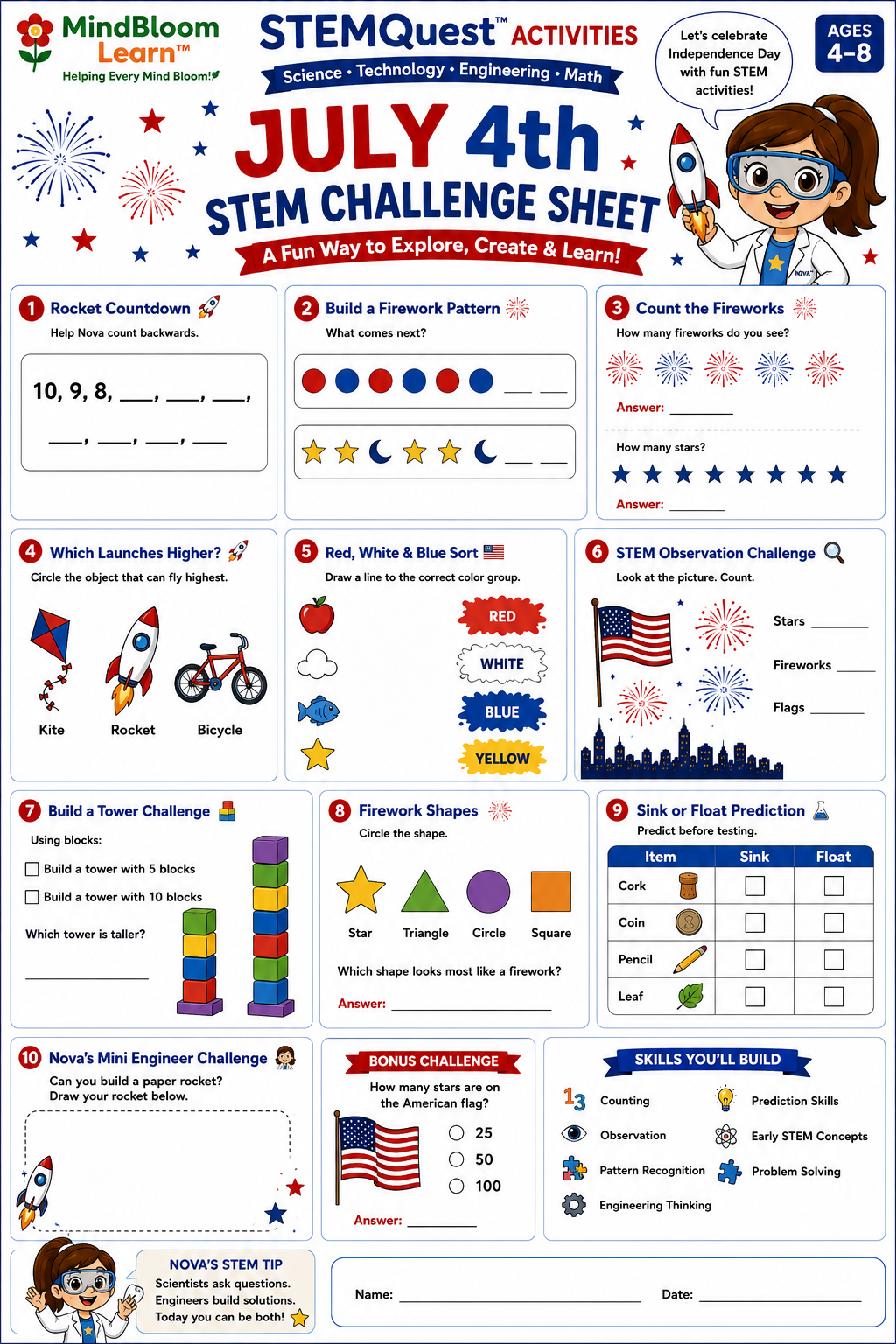 STEMQuest July 4th activity for ages 4 to 8